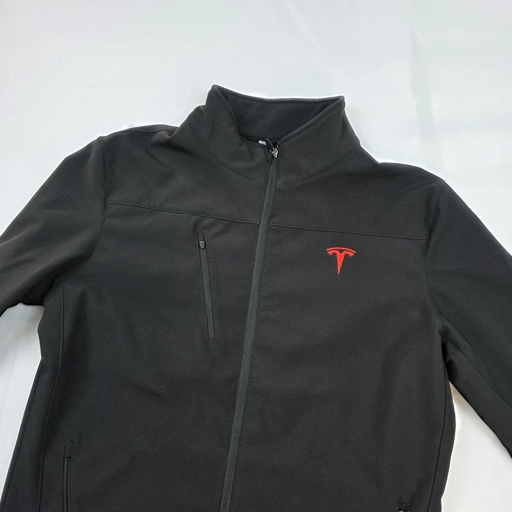 Tesla Jacket Mens Medium Black Softshell Full Zip Red Logo Car Windbreaker